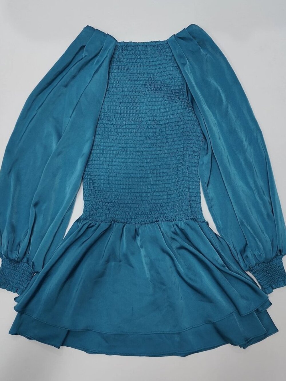 Strut & Bolt Womens S Aqua Blue Smocked Long Sleeve Ruffle Mini Dress